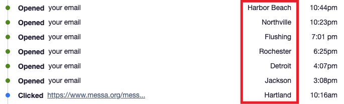 A list of clicks and opens from one subscriber, in multiple locations
