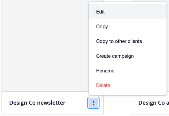 The template menu with edit selected