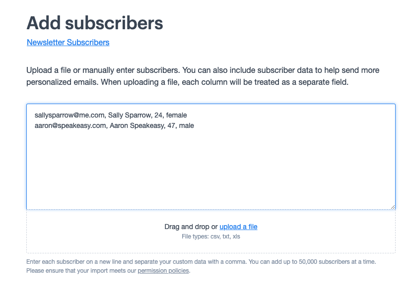 Enter multiple subscriber details as: email address, name, age, city