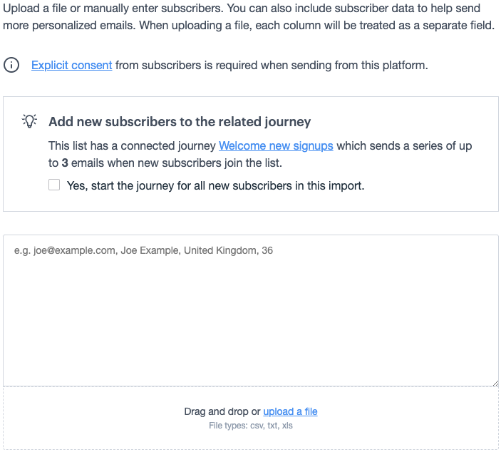 Add subscribers box with checkbox to start the welcome journey