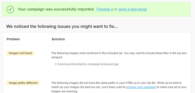 The page after an email or template has been imported, reporting the found issues