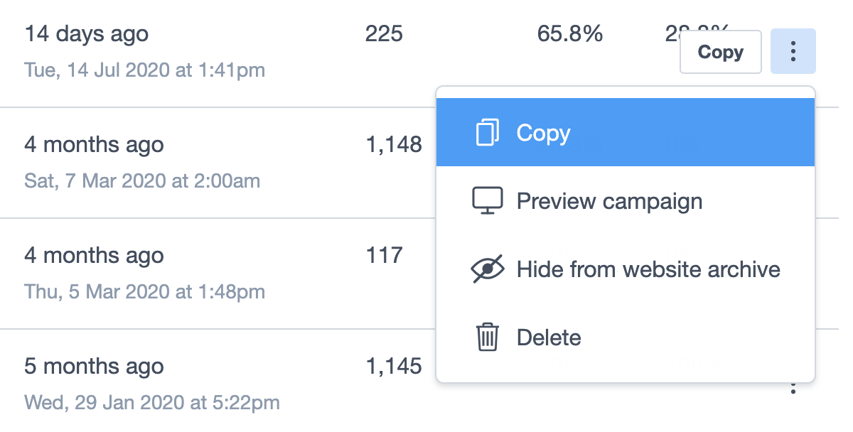 The "Copy" option highlighted from the overflow menu for a sent campaign