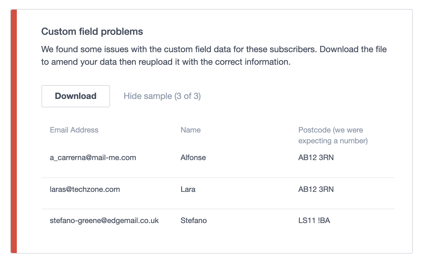 An import report showing custom field problems with a numeric field