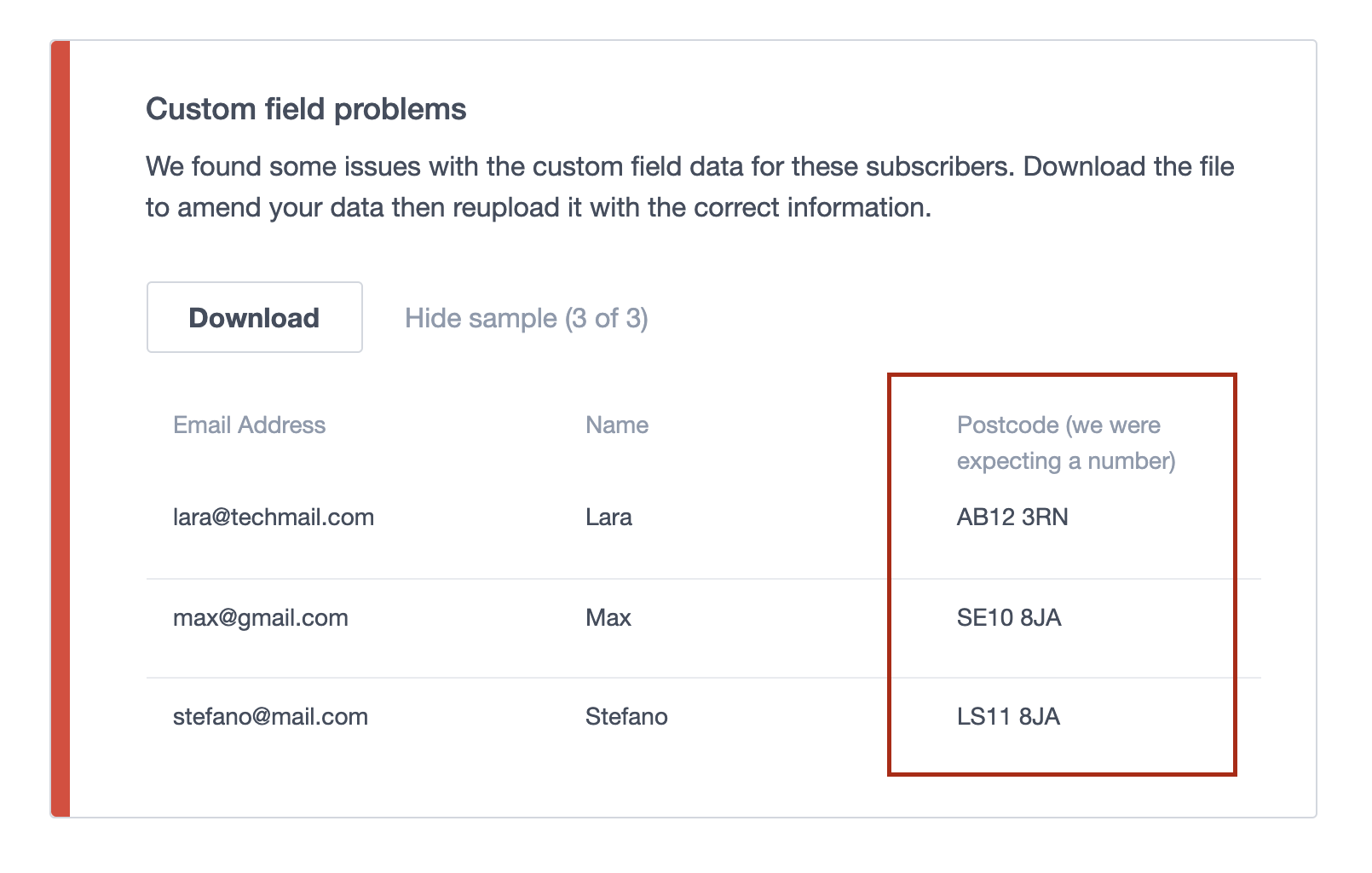 An import report showing custom field problems with a numeric field