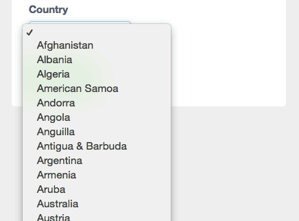 How the country data type displays on a form