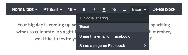The text toolbar in the email builder, showing the 