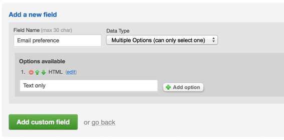 Adding a custom field, with the "Multiple Options (can only select one)" data type selected