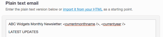 The "Plain text email" page, with the "import it from your HTML" option