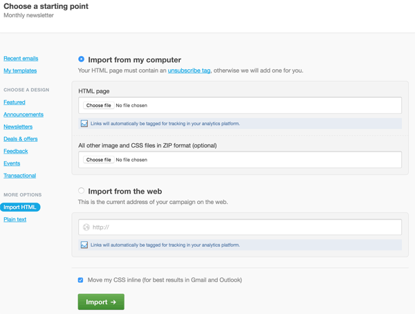 The "Choose a starting point" screen, with "Import HTML" selected