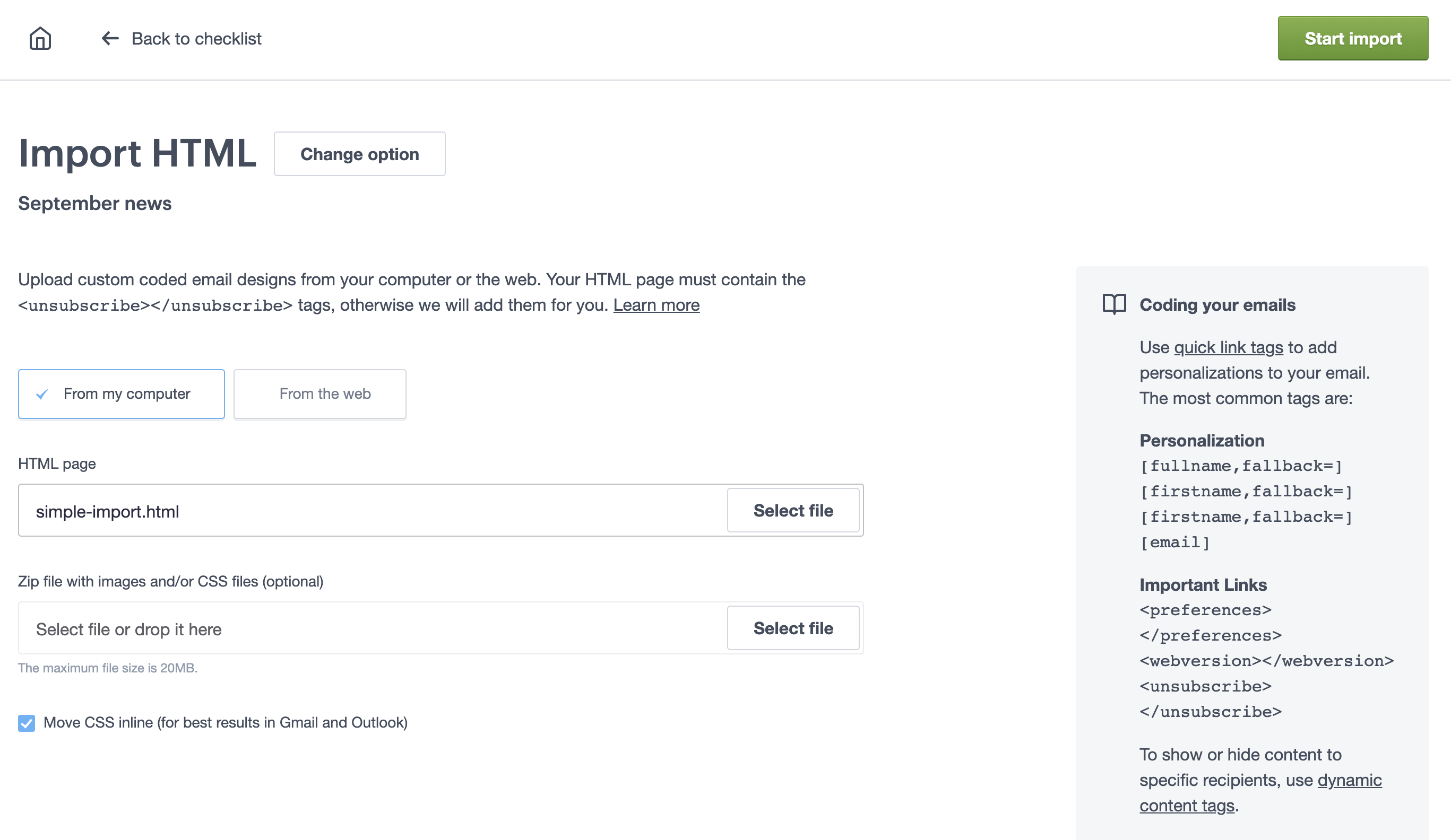 The "Import HTML; screen, with "Move CSS inline; selected