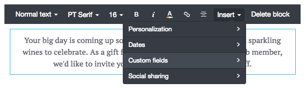 The text block menu in the email builder, showing the "Custom fields" menu