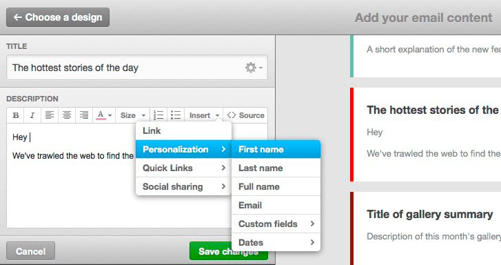 Personalization in the custom template content editor