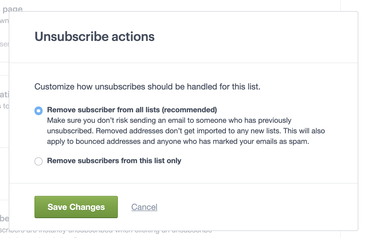 Unsubscribe settings for a list