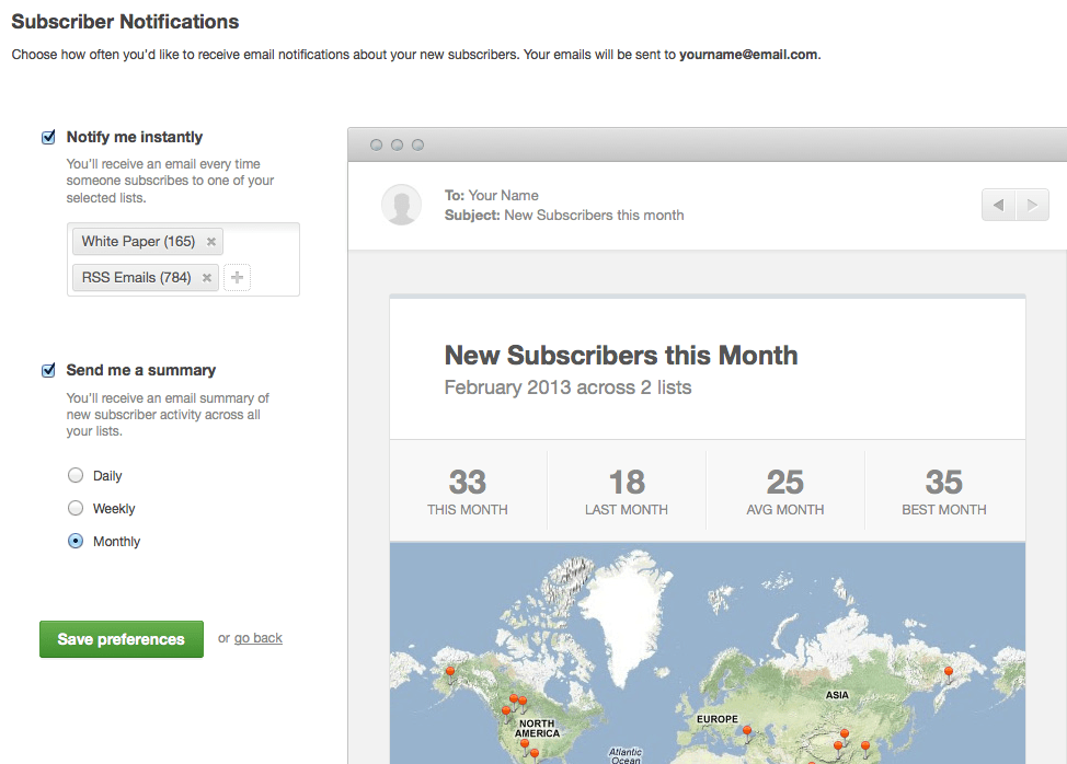 The new subscriber notification settings page