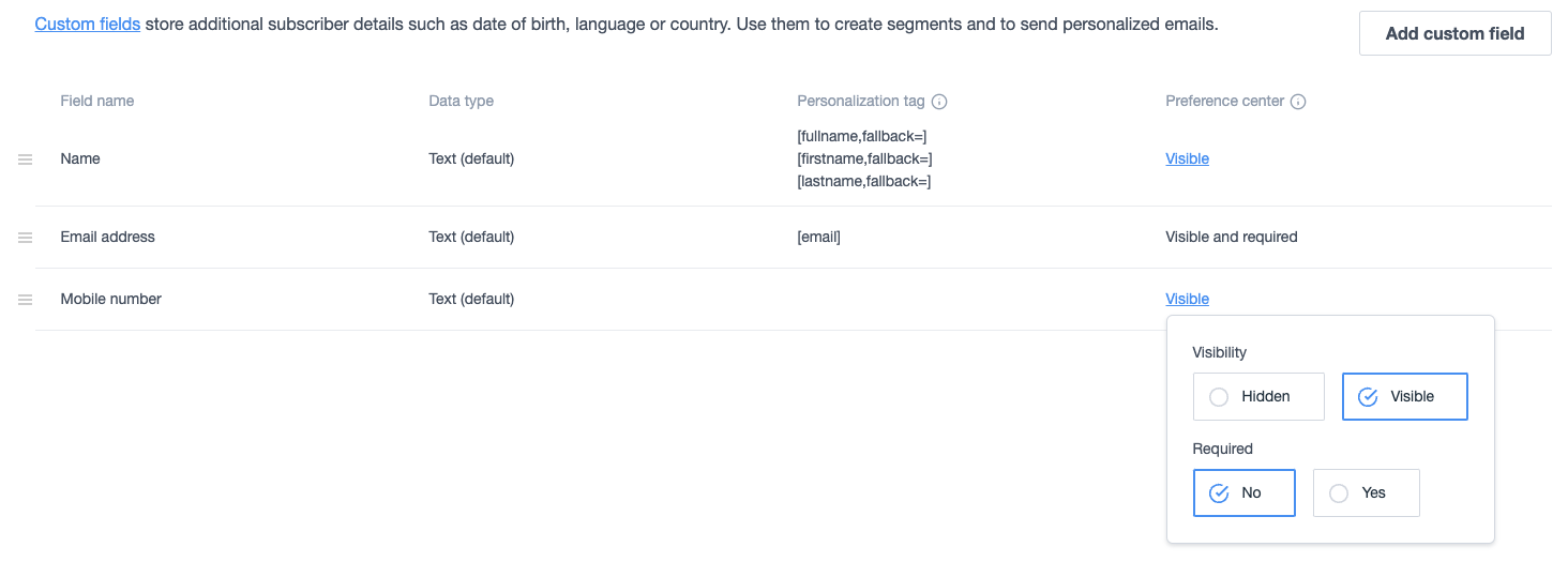Custom fields, mobile number
