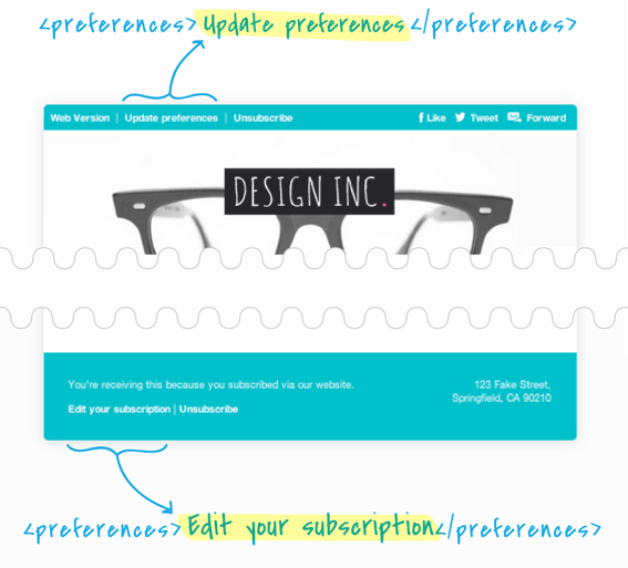 An example of an email, highlighting where quick link tags are used
