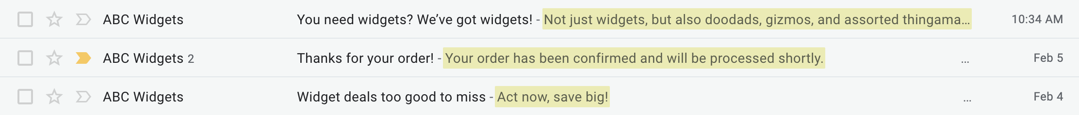 An email inbox, showing preview text displayed after the subject line
