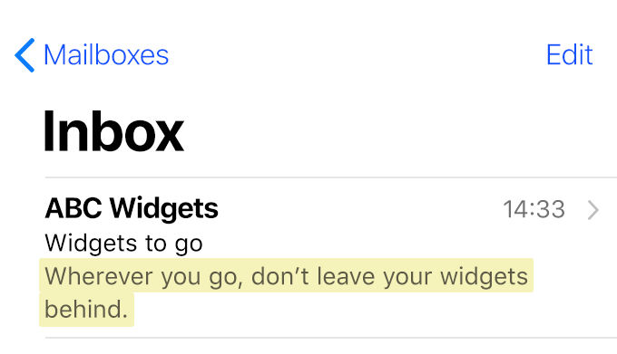 A mobile email inbox, showing preview text displayed after the subject line
