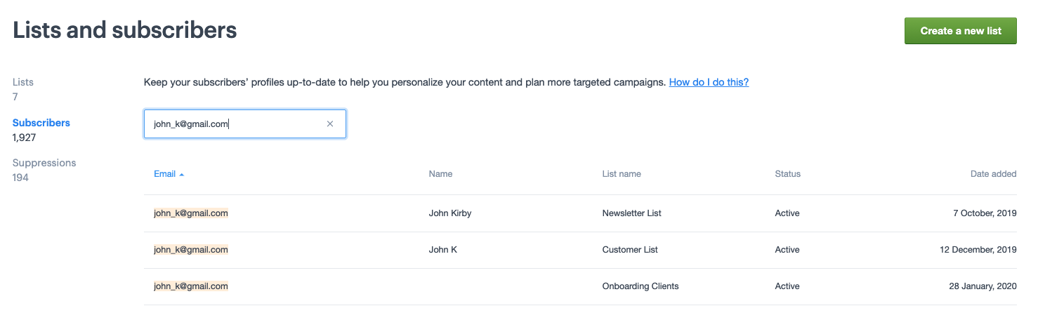 Search results for an email address showing that the person is on two lists