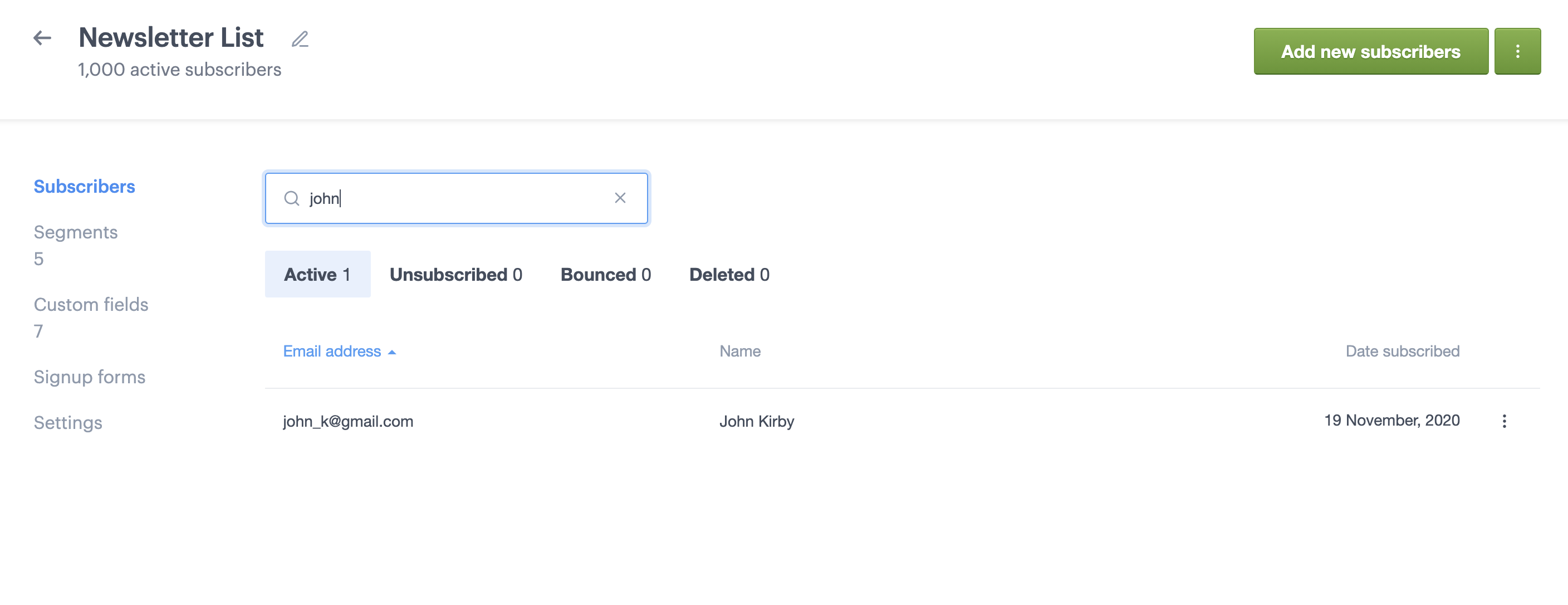 A subscriber's email address in the search field on list page