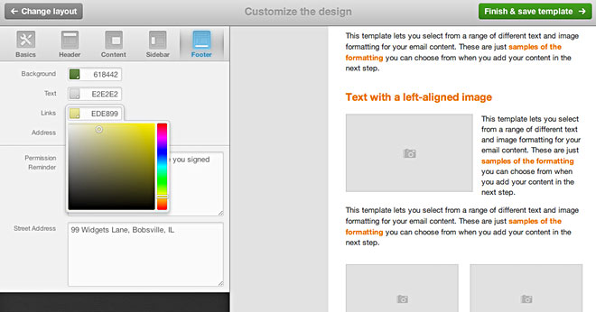 Using the colour picker to change the colour of links in the footer