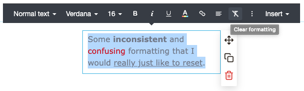 The text block toolbar, showing the clear formatting button