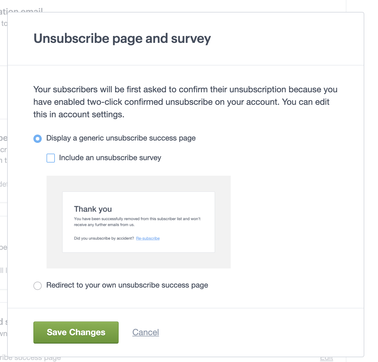 Unsubscribe page and survey