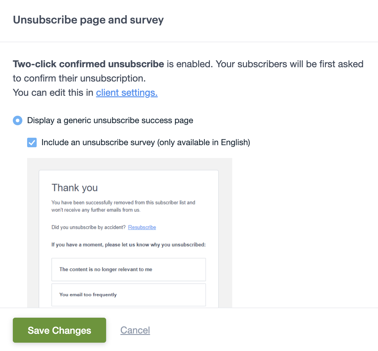 Unsubscribe page and survey
